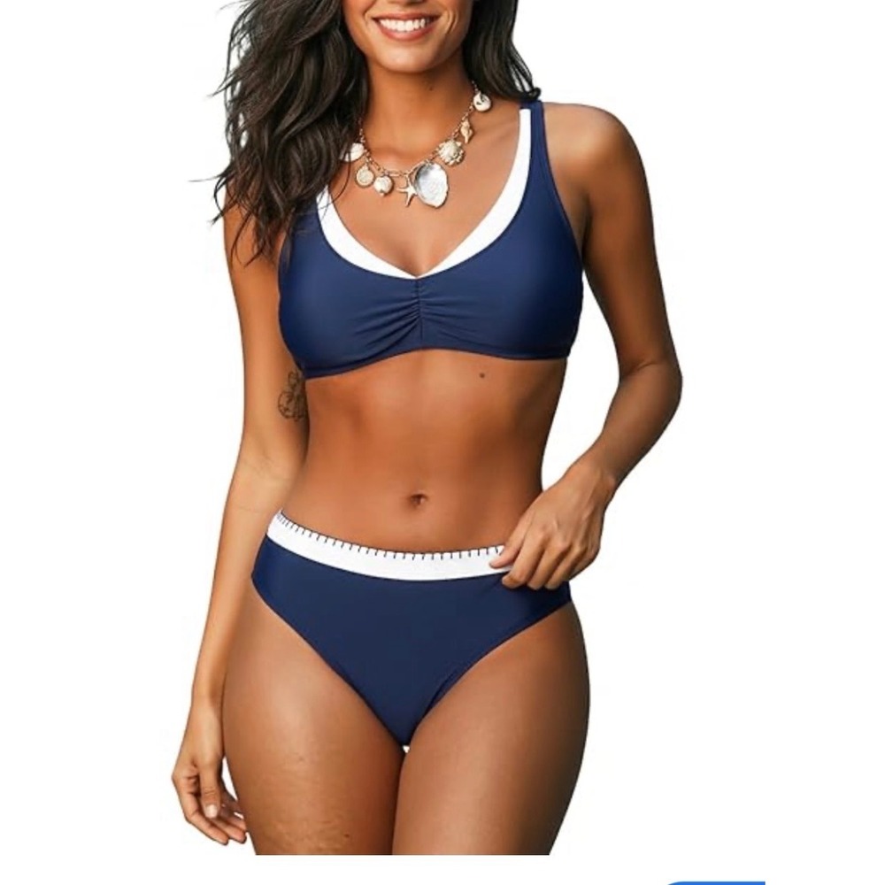 Cupshe Womens Navy Blue White V-Neck High Waisted Bikini Set Size L